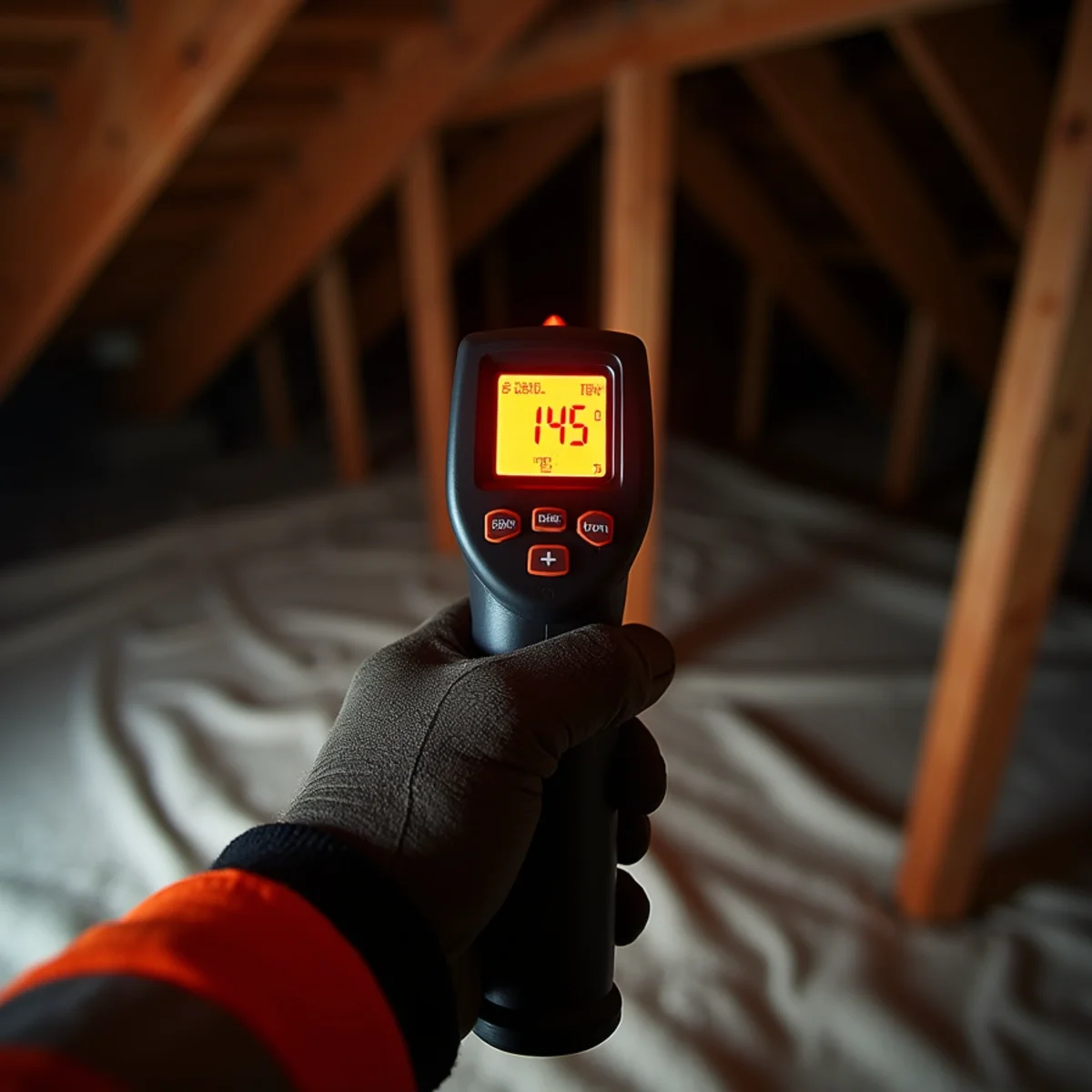 Digital temperature gauge measuring extreme summer heat build-up inside Florida attic