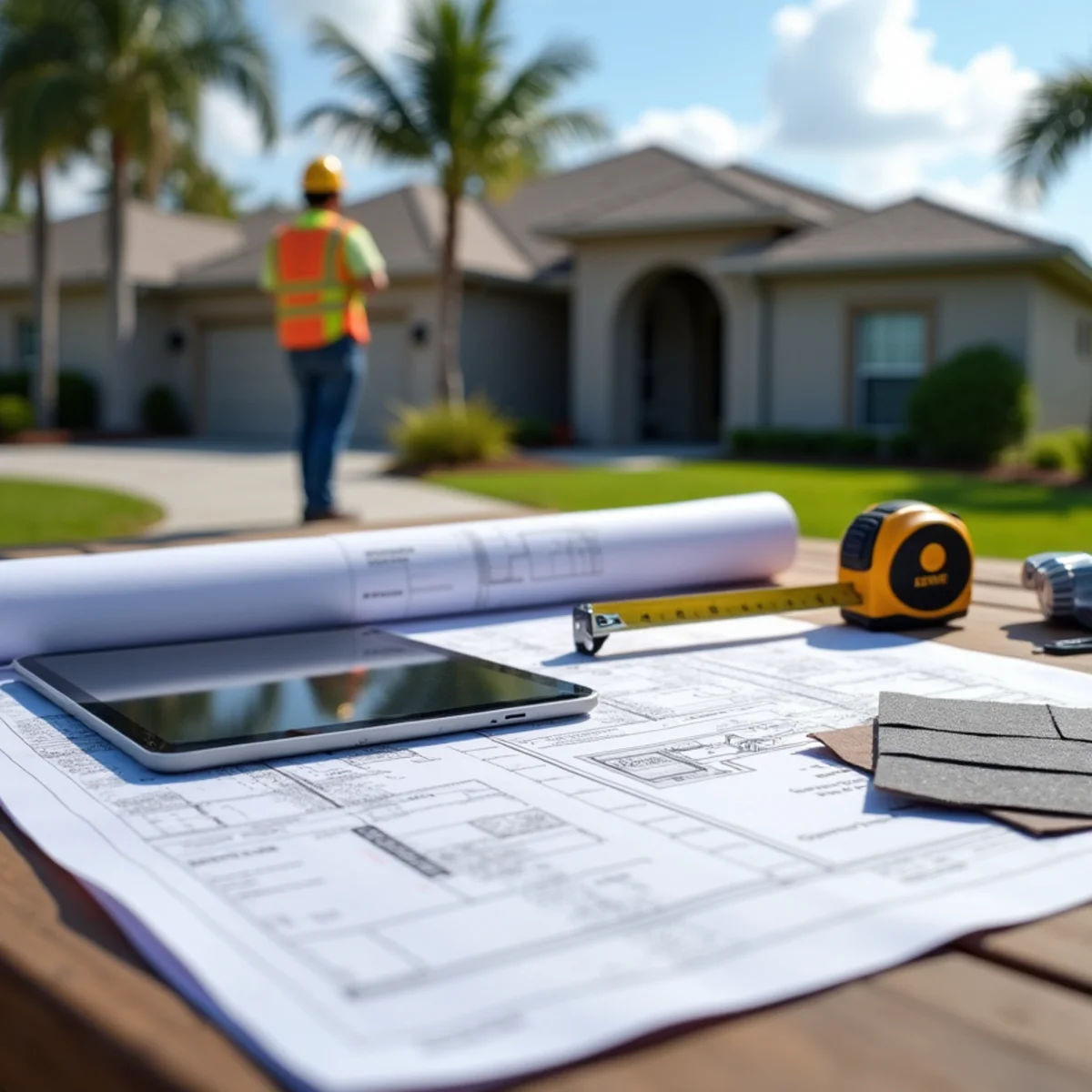 Roofing blueprints, inspection clipboards, and Florida Building Code books