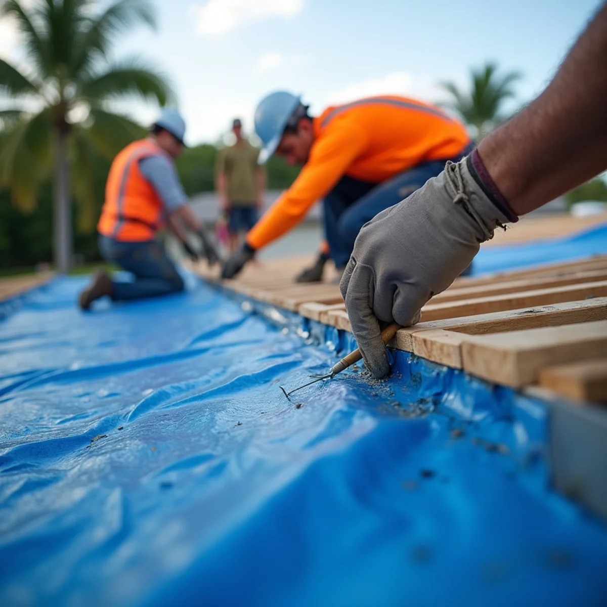 Emergency roofing crew securing heavy-duty blue tarp with 2x4 wooden battens into rafters