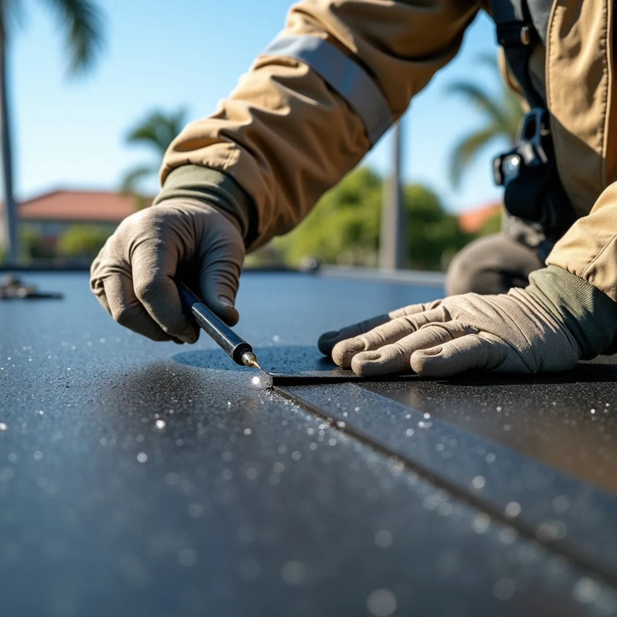 Roofer heat-welding modified bitumen membrane seams on a low-slope Florida room transition