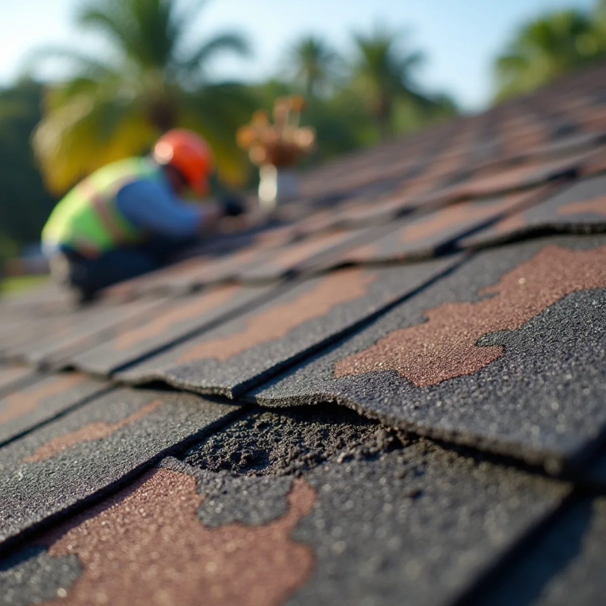 Close-up of weathered 15-year-old asphalt shingles showing granule depletion and fiber mat exposure
