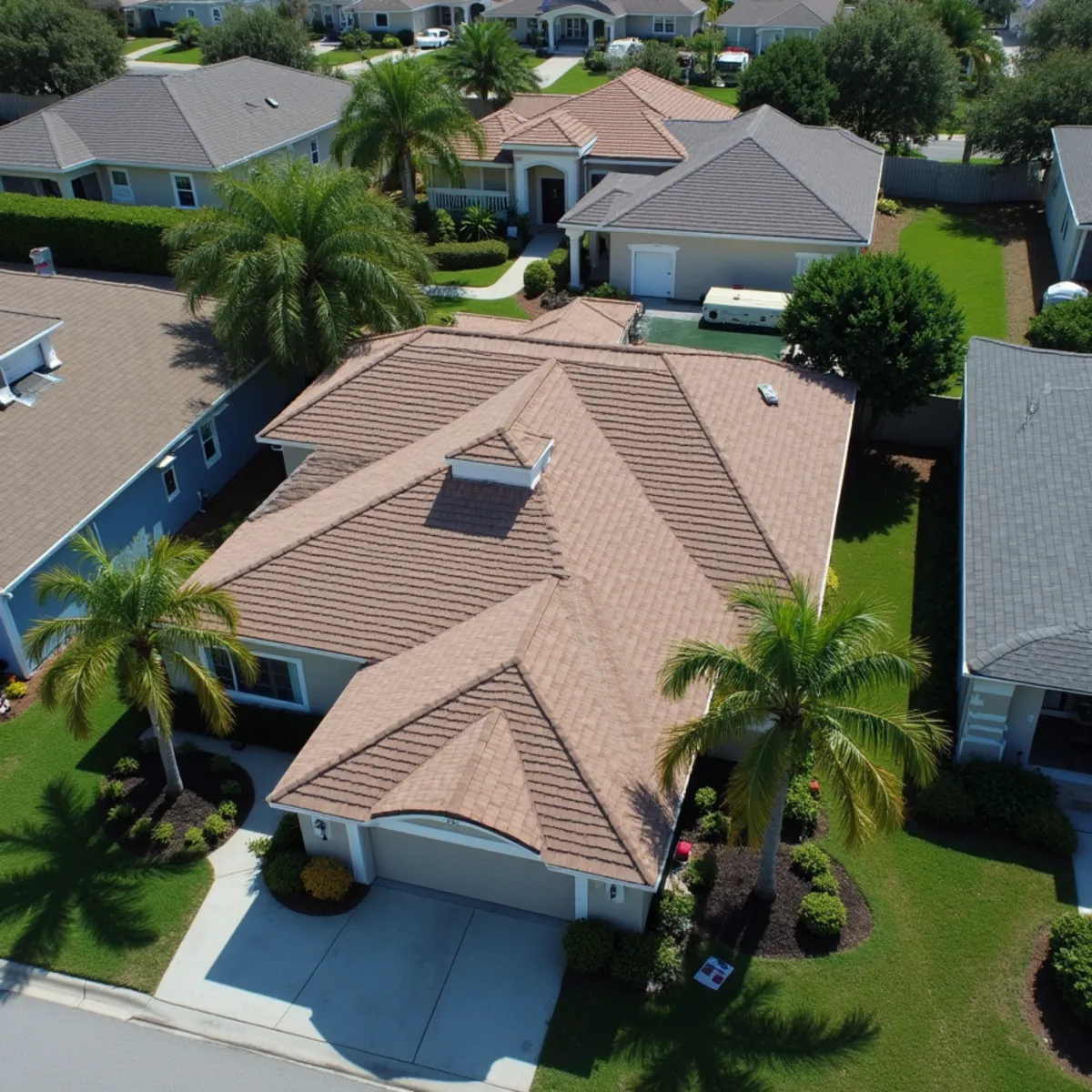 Aerial view of localized wind uplift damage on residential rooftops after tropical storm