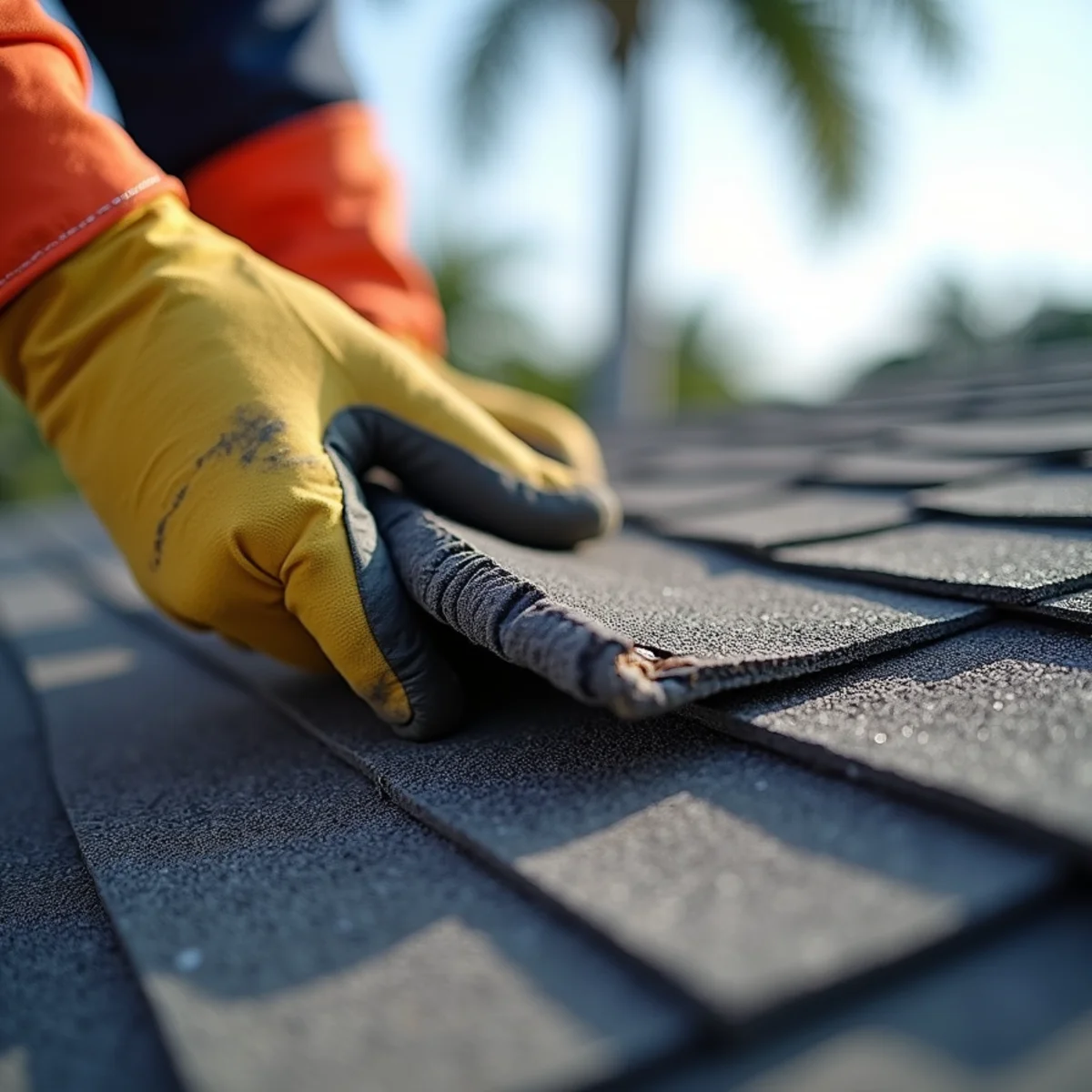 Inspecting unbonded shingle tab where thermal adhesive separated during high winds