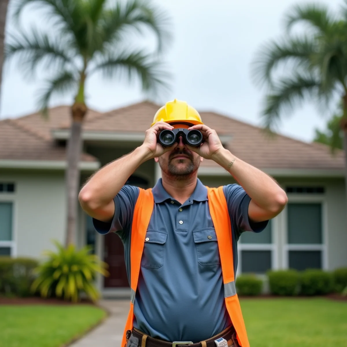 Homeowner inspecting roof ridge lines and valleys from ground level using binoculars
