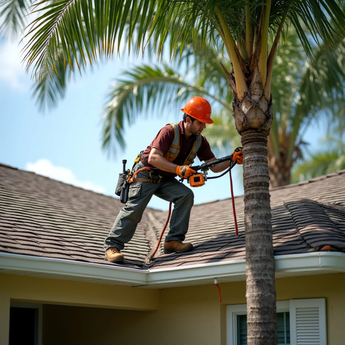 Trimming overhanging tree limbs and palm branches away from roof shingles