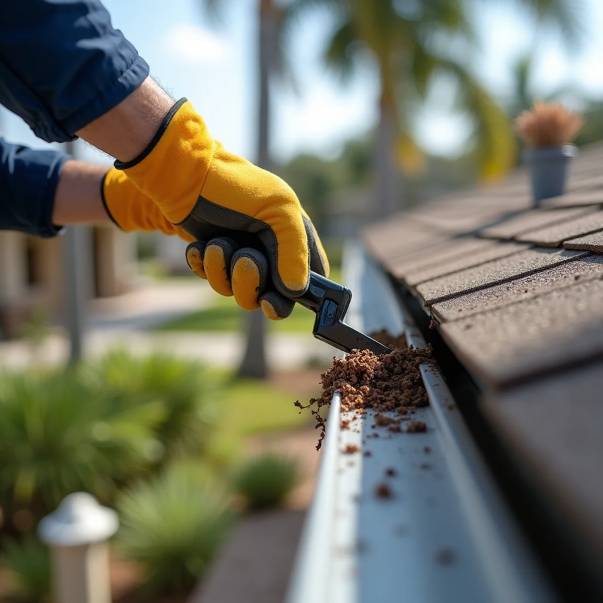 Clearing pine needles, leaves, and granules from gutters and downspout leaders