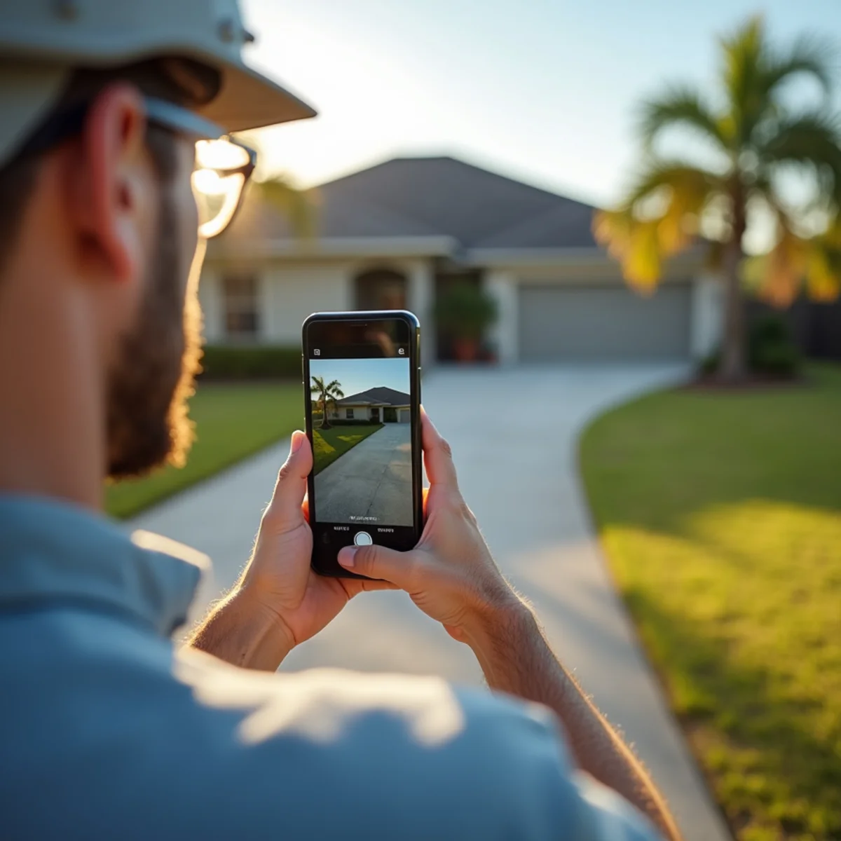Taking 360-degree pre-storm baseline photographs of residential roof slopes from yard