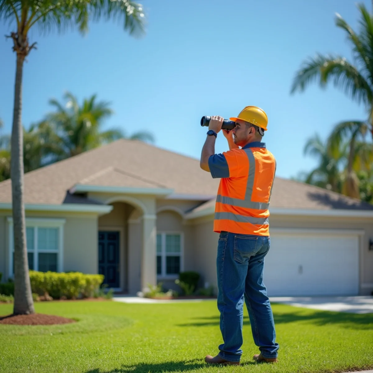 Florida homeowner checking roof perimeter and clearing gutters before hurricane season