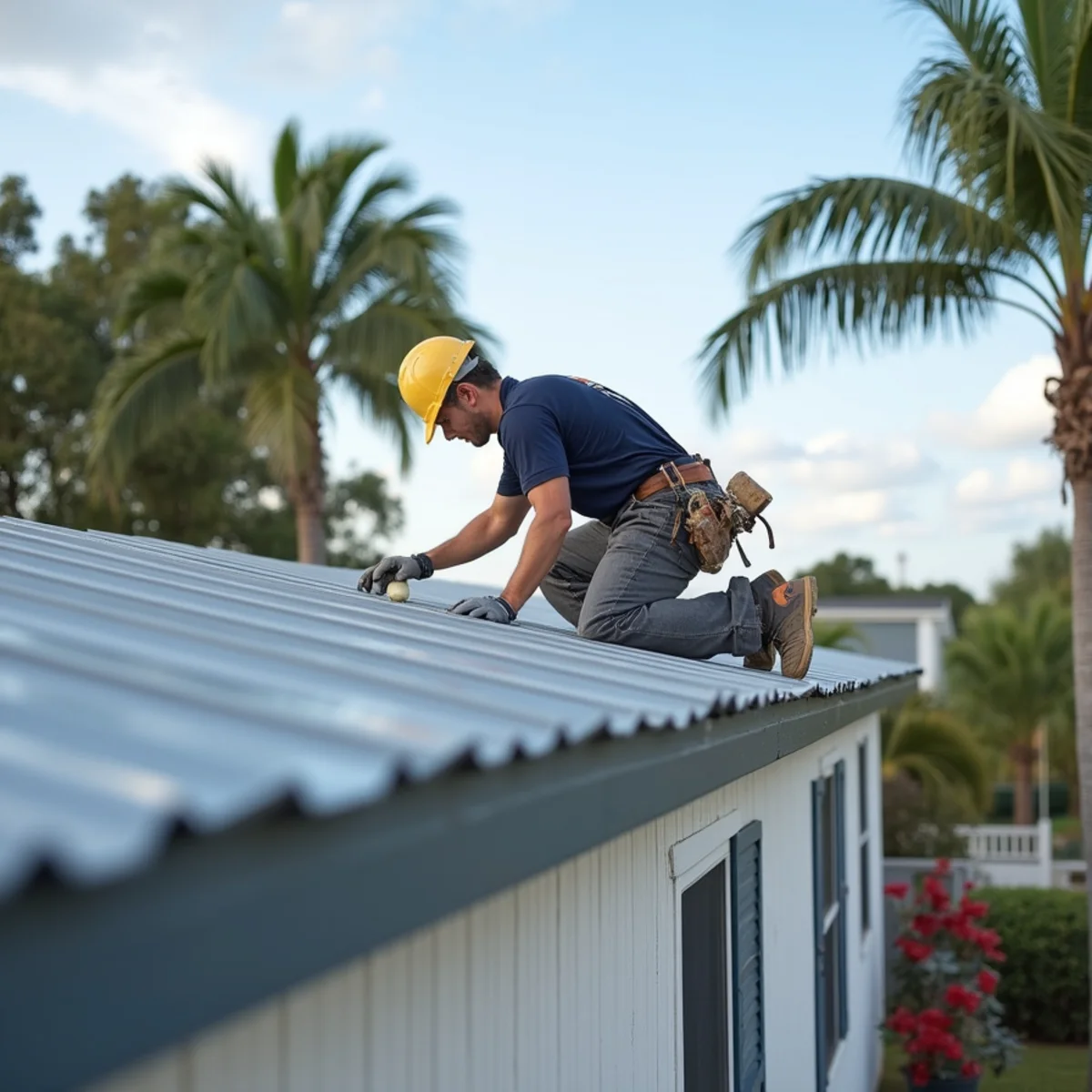 Finished interlocking metal roof-over installation on double-wide manufactured home