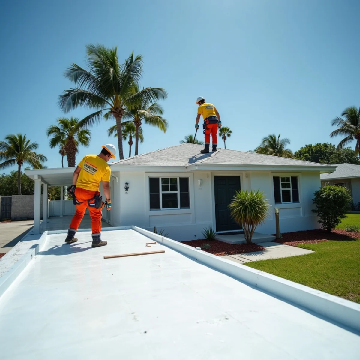 Installing white reflective TPO membrane roof-over on a Barefoot Bay mobile home