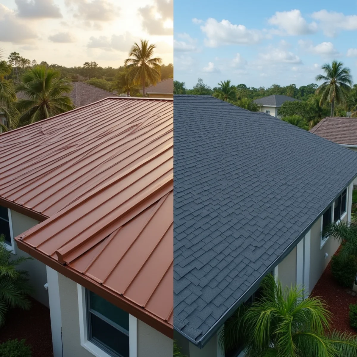 Side by side comparison of standing seam metal and architectural shingles in Florida