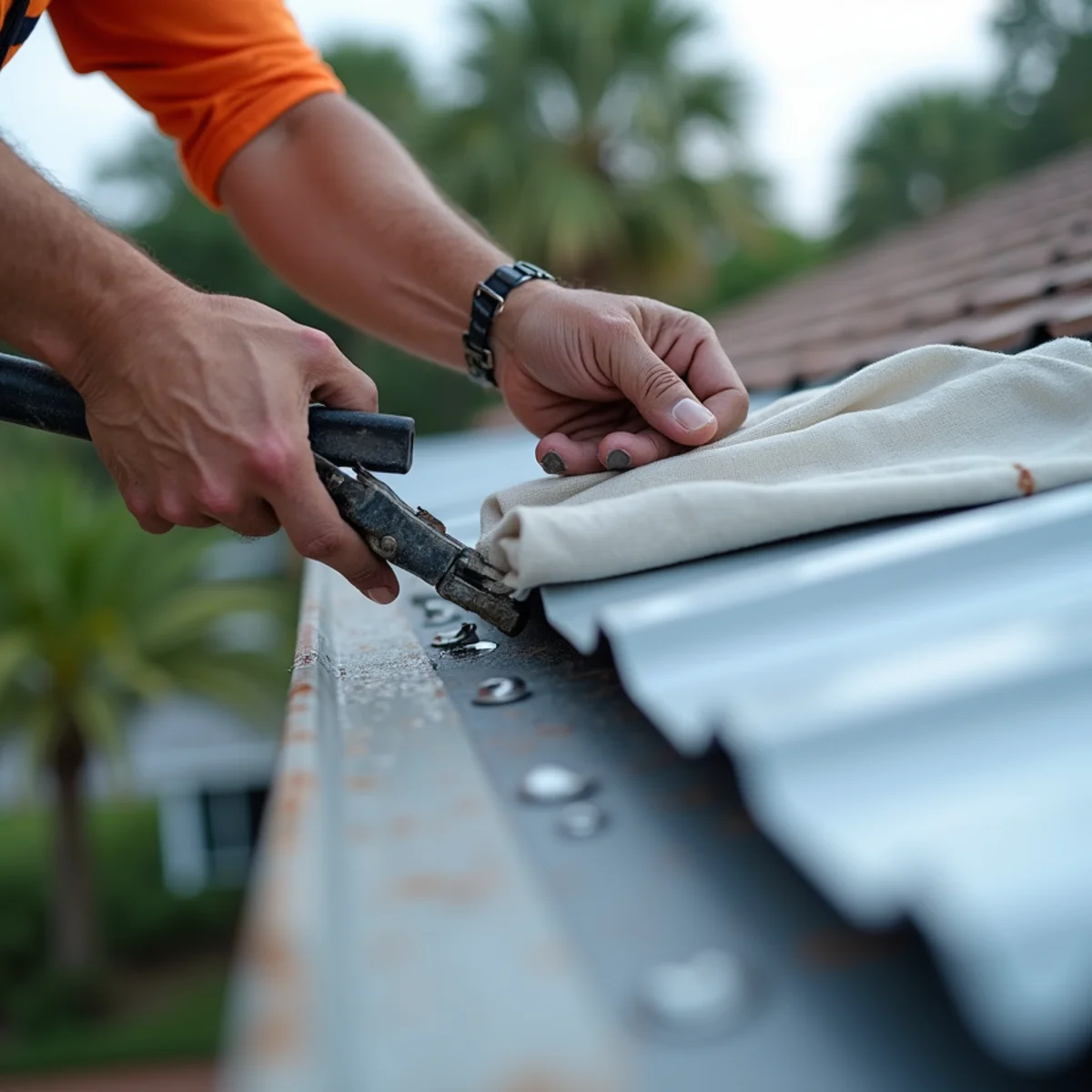 Roofer securing concealed clip standing seam metal roofing panels along residential eave