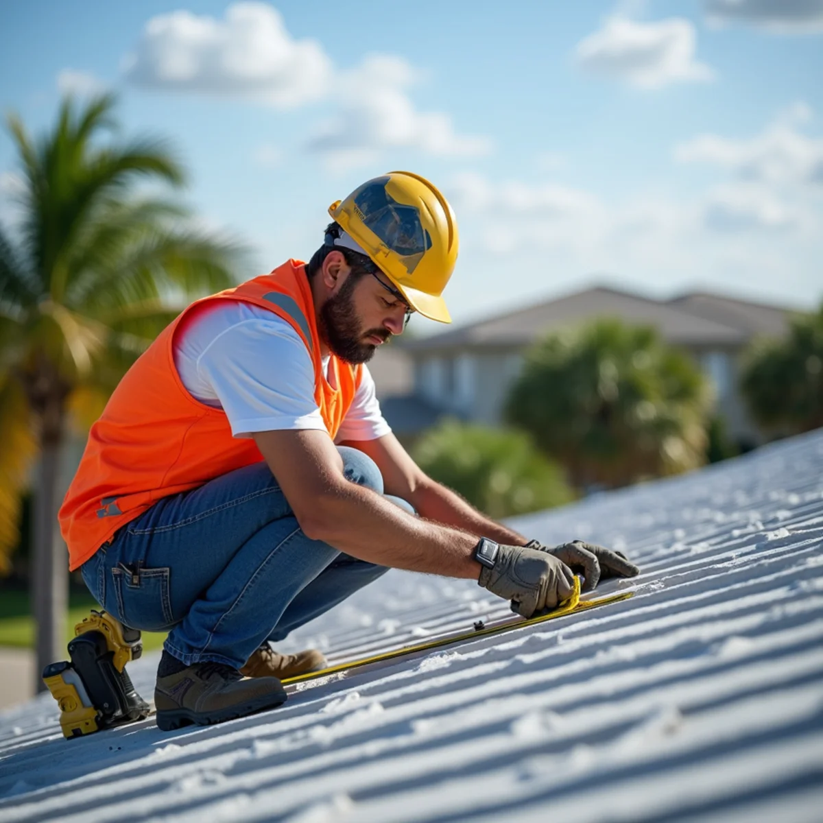State-certified wind inspector assessing residential roof for grant eligibility