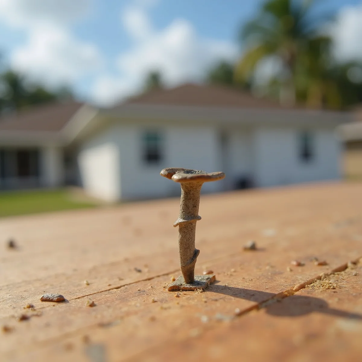 Smooth-shank deck nail pulled out from aging 1980s plywood sheathing