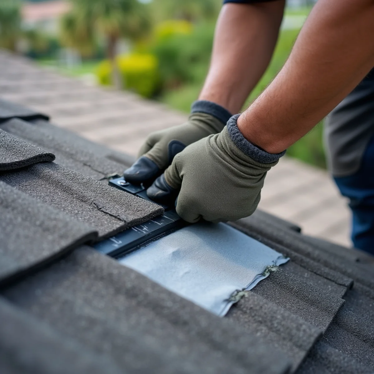 Roofing technician replacing damaged plumbing pipe boot collar on a Palm Bay roof slope