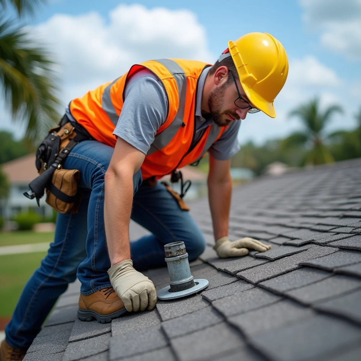 Roofing technician identifying water penetration and repairing flashing in Palm Bay FL