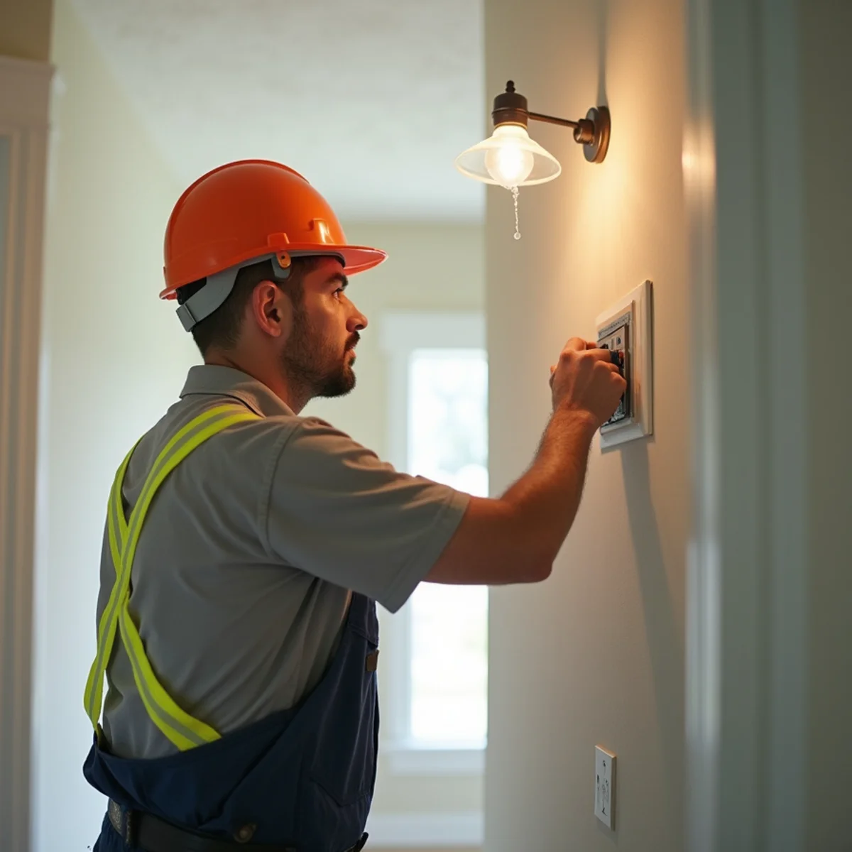 Homeowner safely placing water catch basin under ceiling leak while checking light fixtures