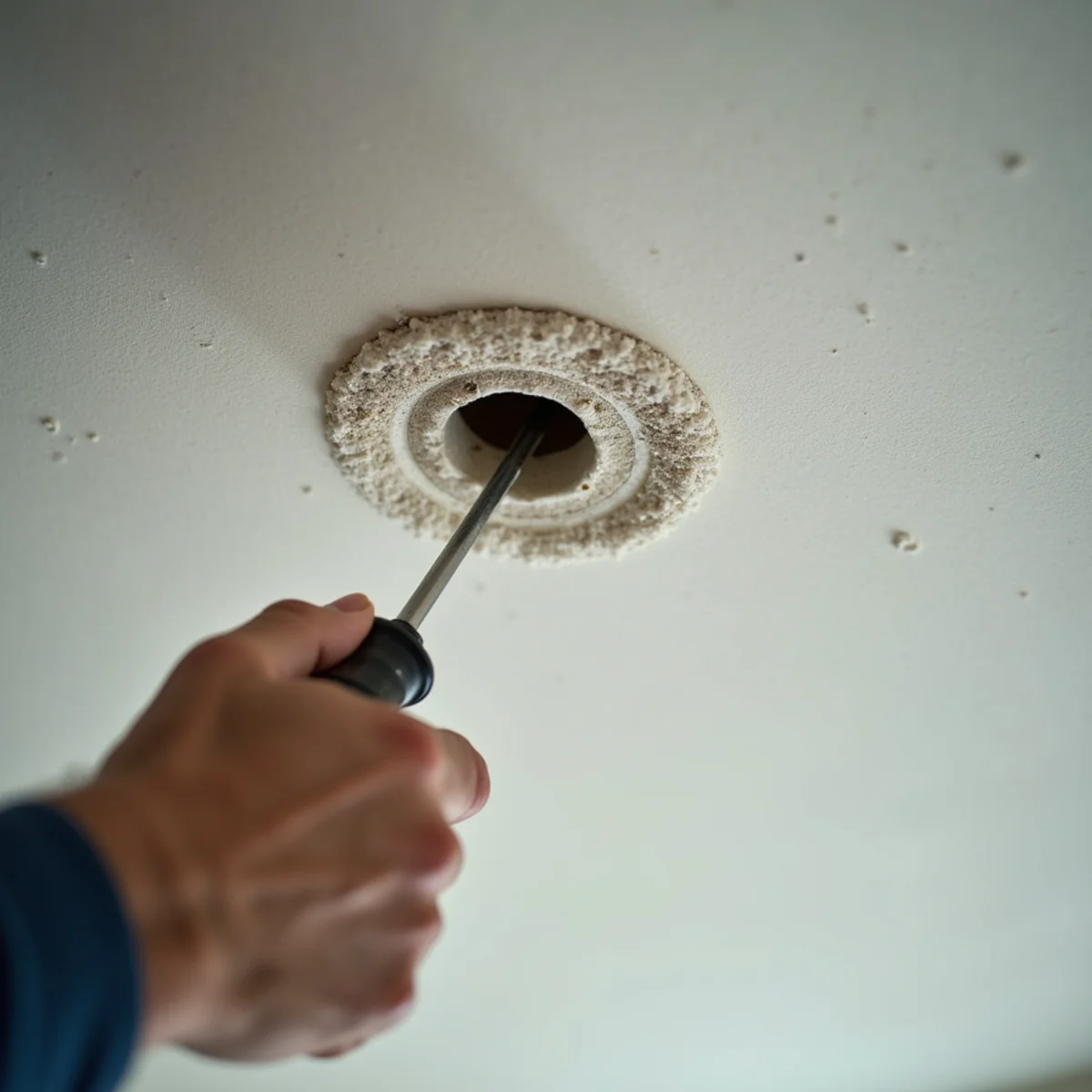 Controlled screwdriver puncture in center of water-filled ceiling drywall blister