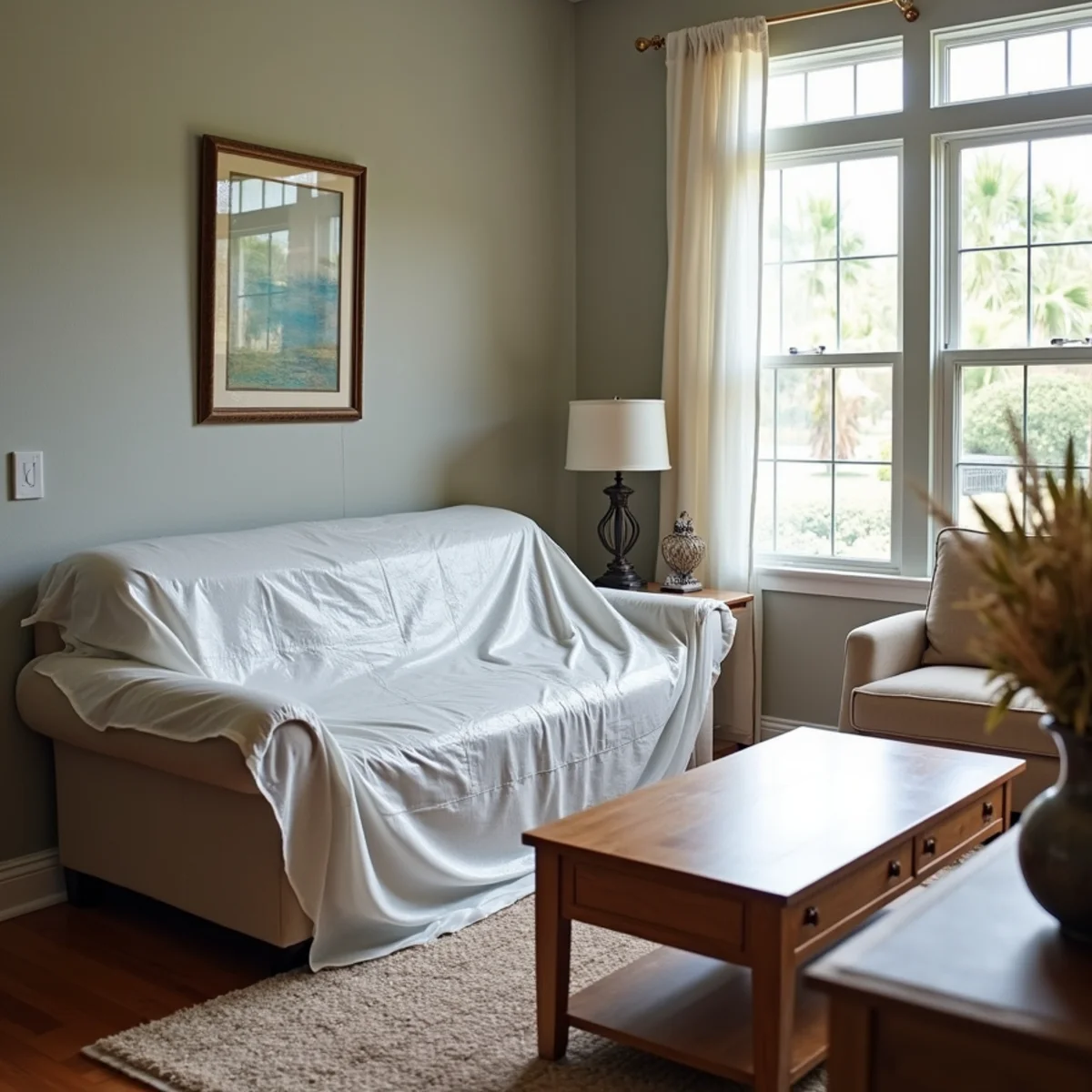 Waterproof plastic tarps shielding living room furniture and flooring from dripping water
