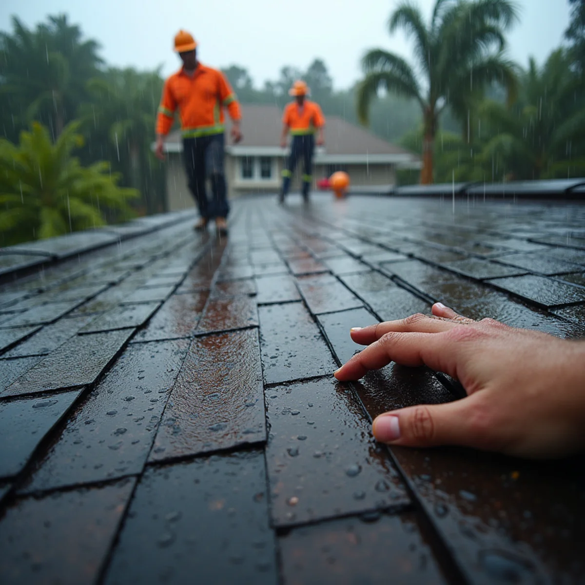 Steep rain-soaked roof slope demonstrating why homeowners should avoid climbing onto wet shingles
