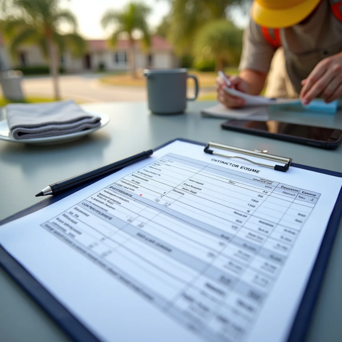 Licensed roofing contractor reviewing detailed itemized repair estimate with homeowner
