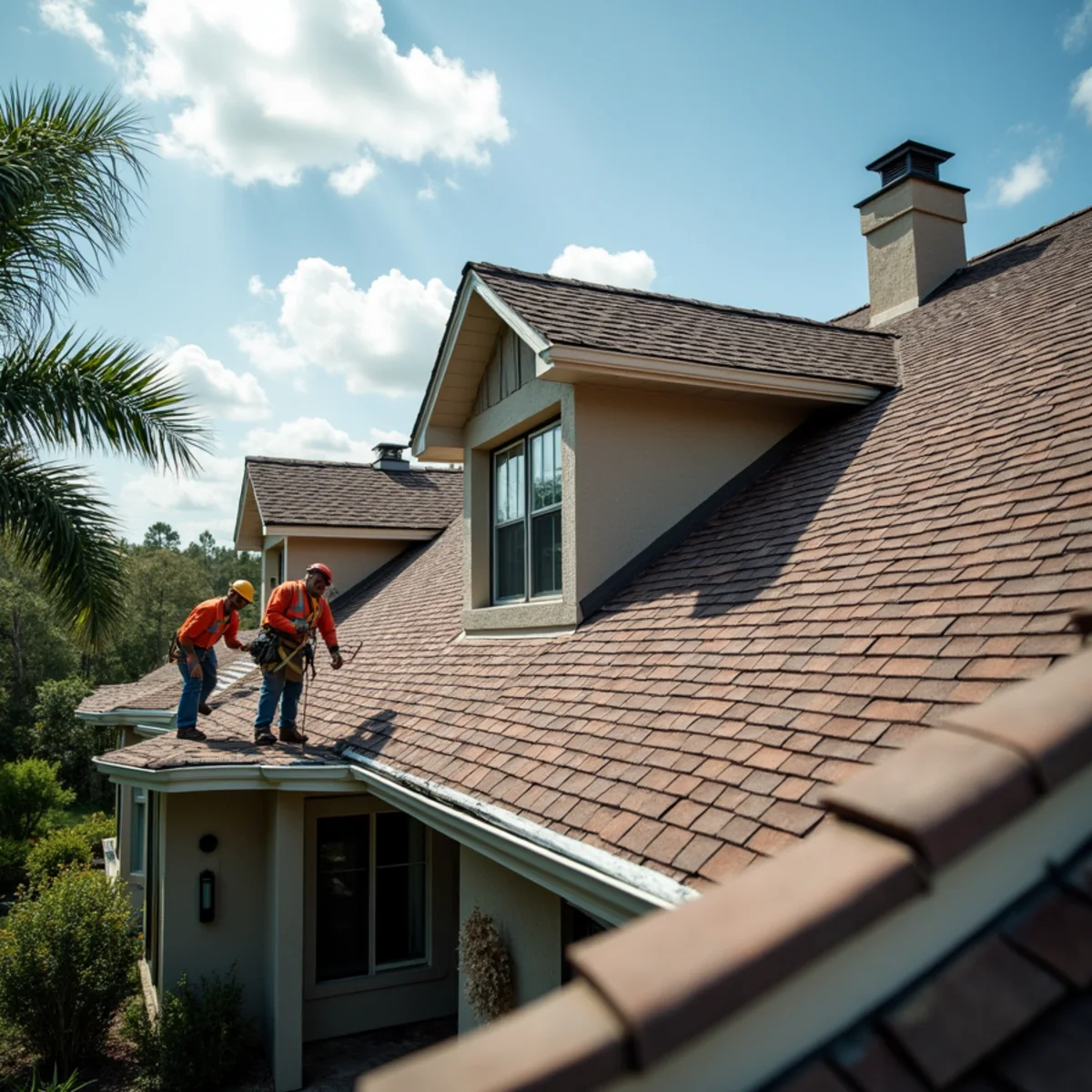 Steep multi-story roof pitch requiring specialized safety harnesses and staging equipment