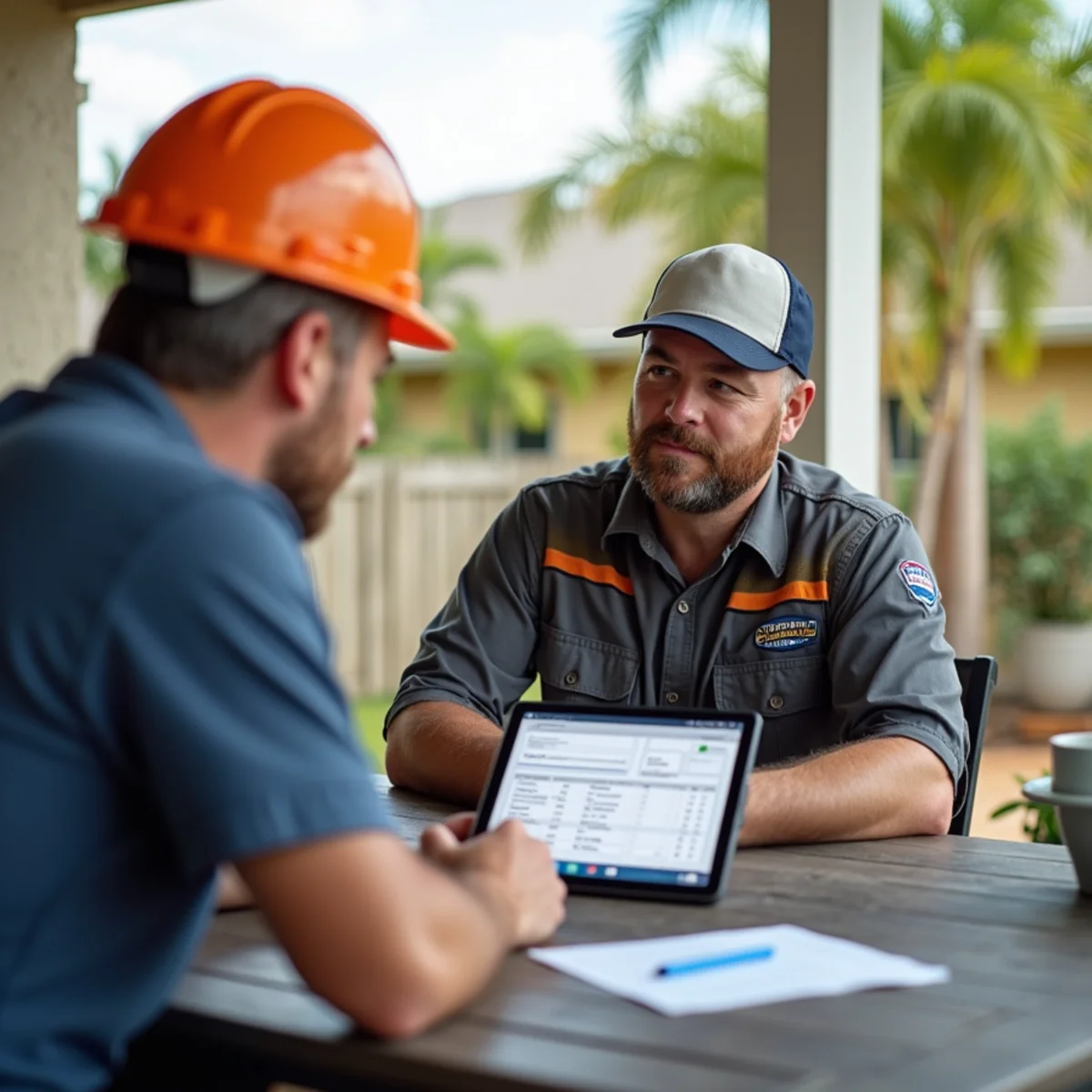 Roofing estimator measuring roof square footage and inspecting flashing in Palm Bay