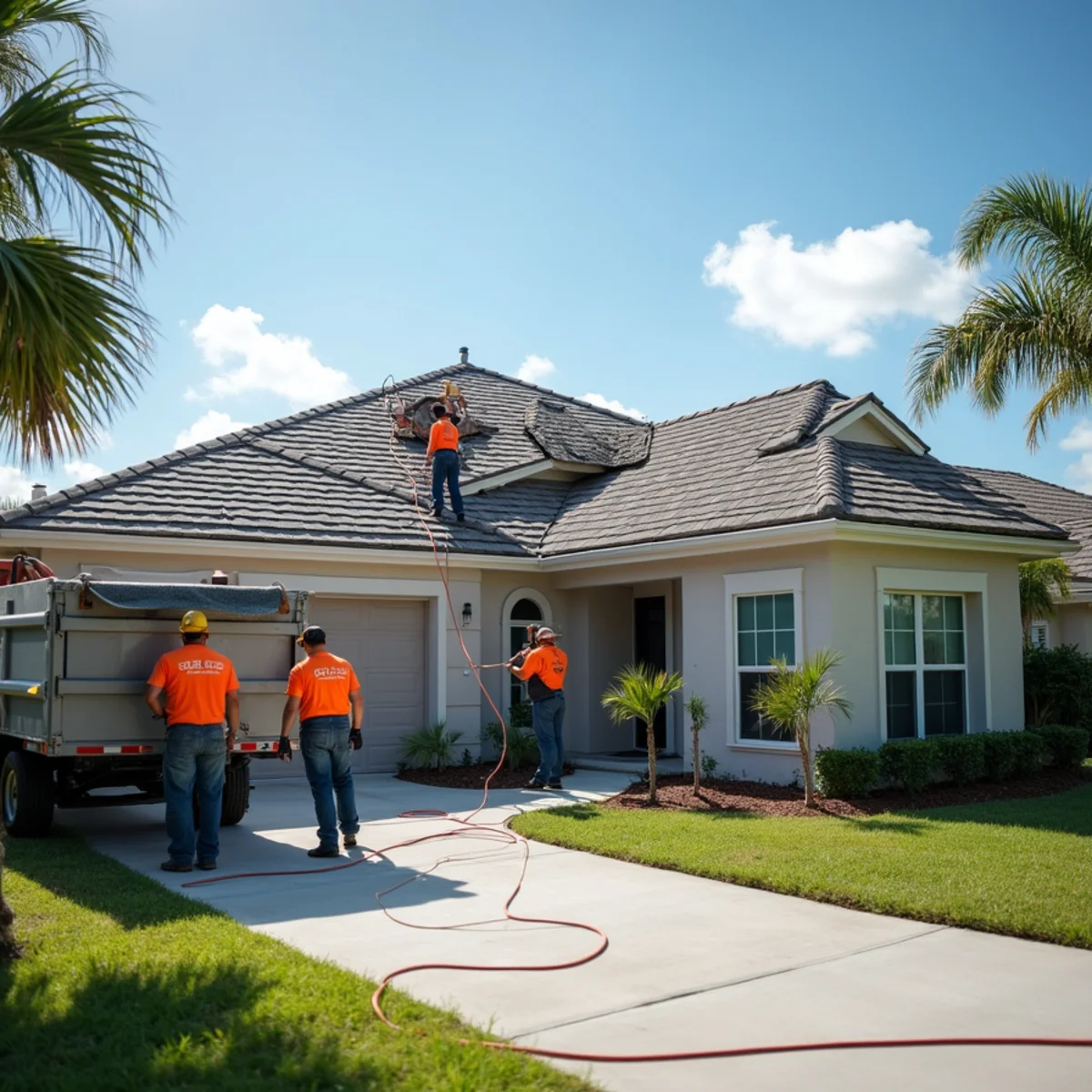 Roofing crew installing new architectural shingles and secondary water barrier in Palm Bay