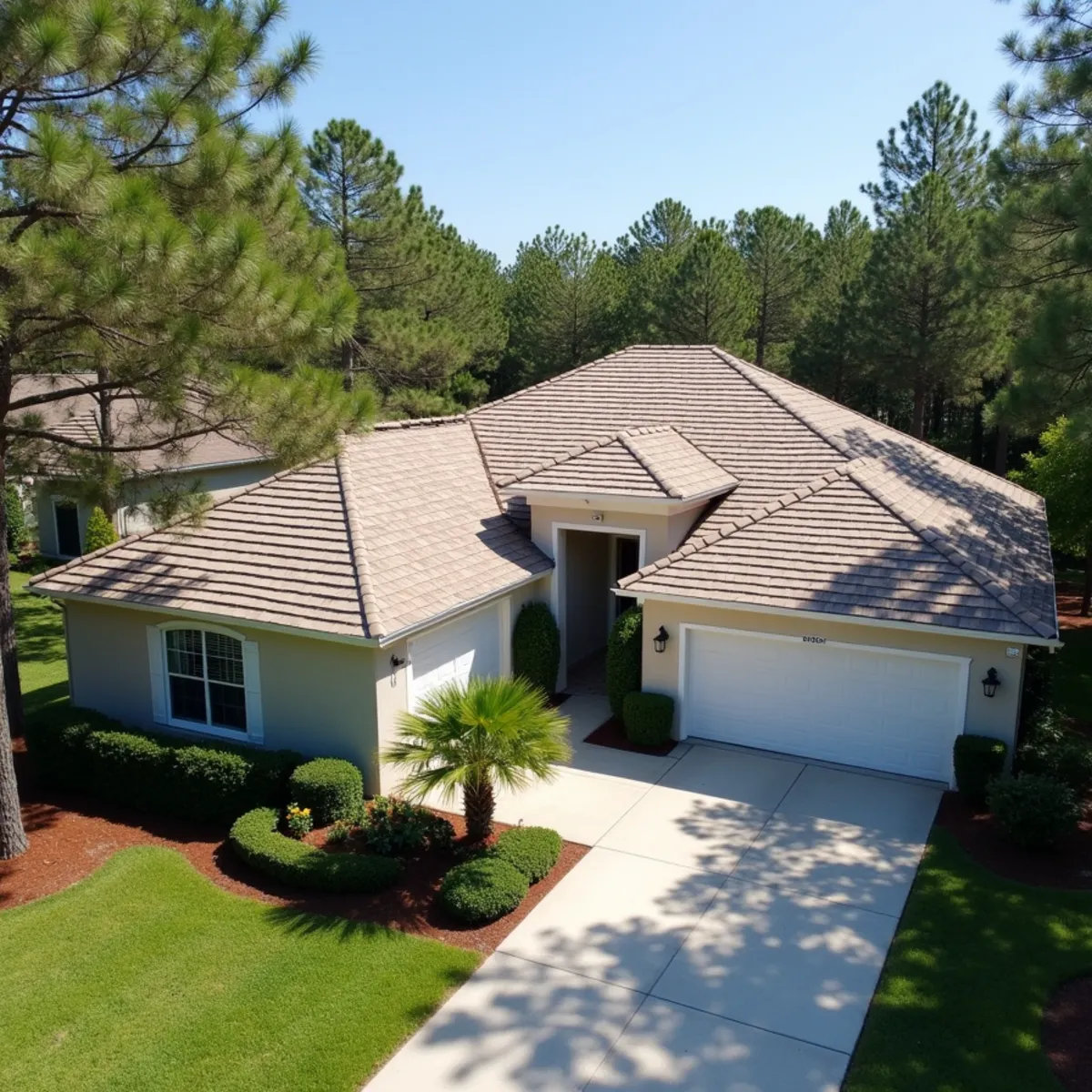 Roofer inspecting roof decking and architectural shingles on a wooded Sebastian Highlands property