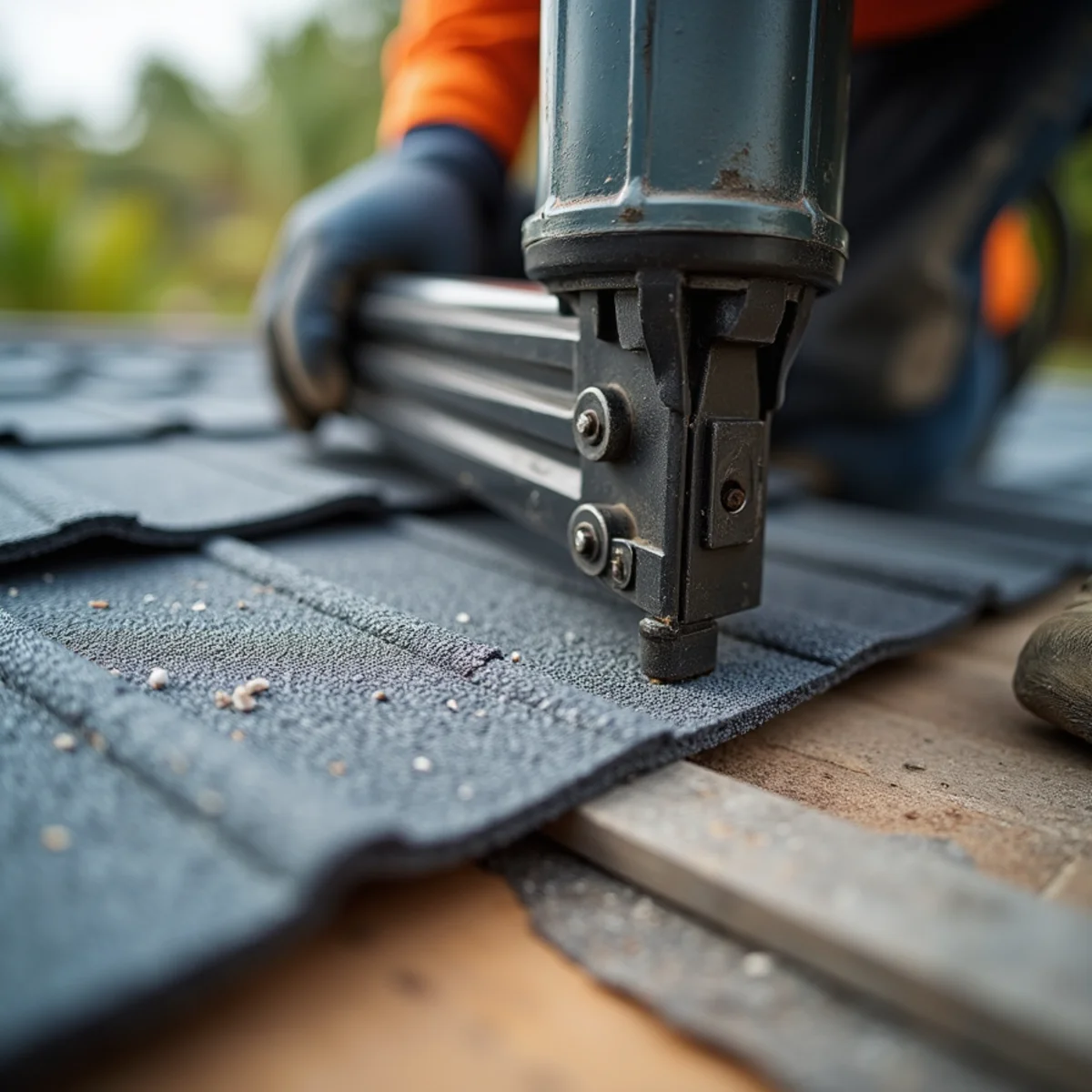 Roofer fastening replacement architectural shingles with pneumatic nailer to code specs