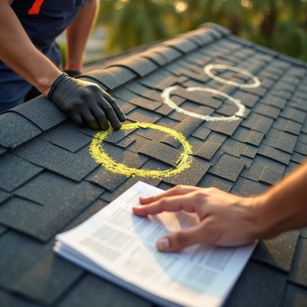 Inspector marking wind-lifted shingle creases and missing ridge shingles with yellow chalk