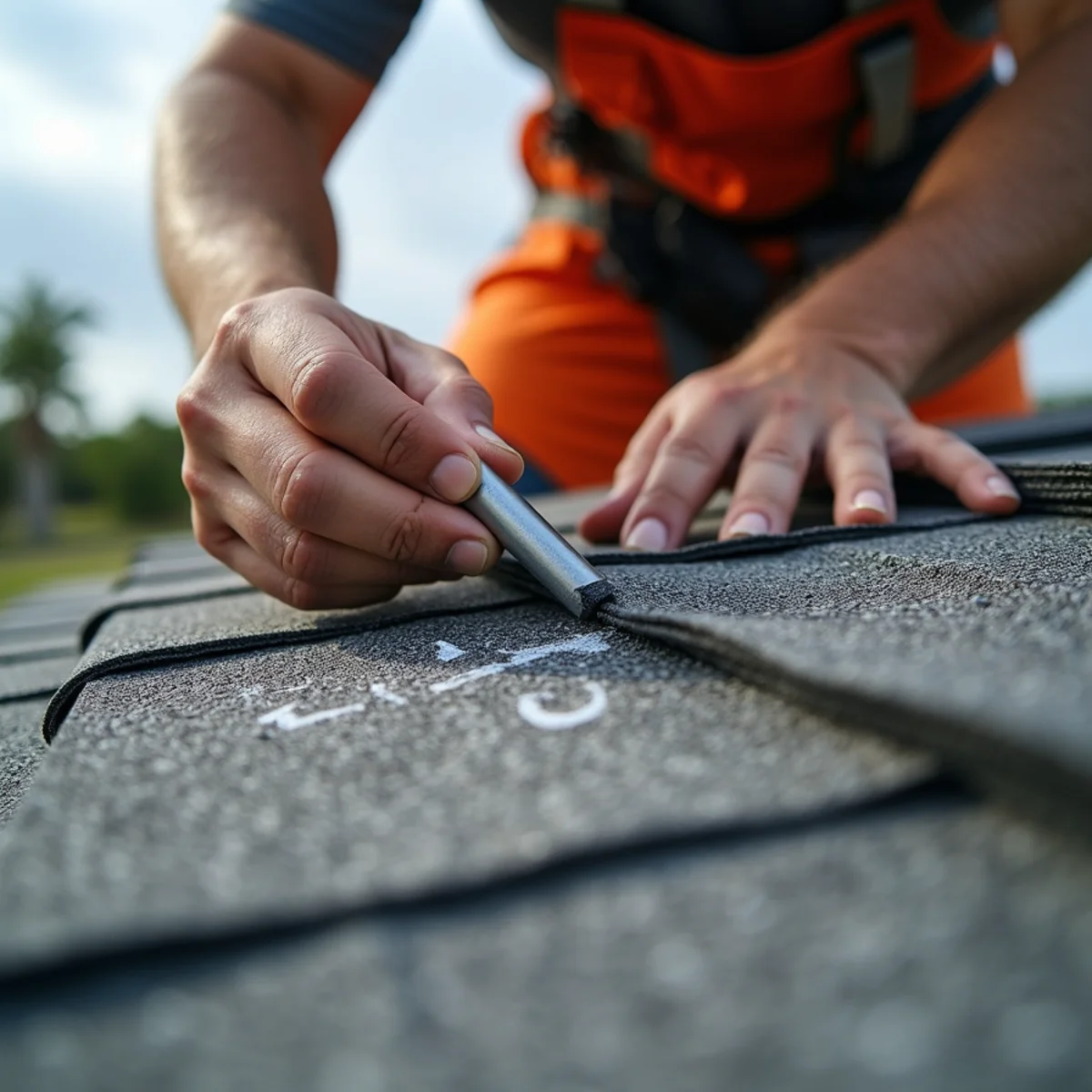 Roofing inspector documenting wind-creased shingles and displaced ridge cap in Palm Bay