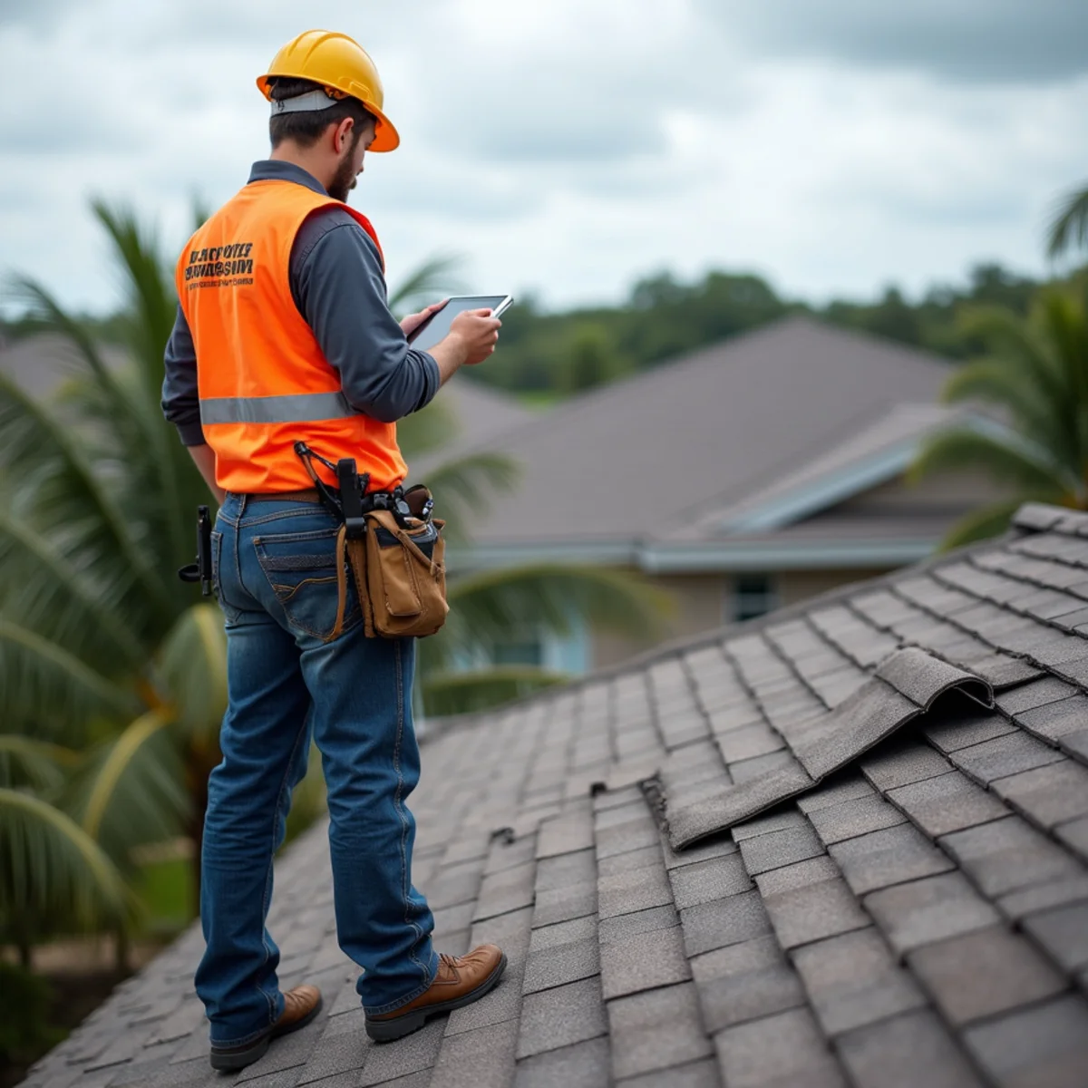 Roofing contractor assessing hurricane and wind damage on a Palm Bay home