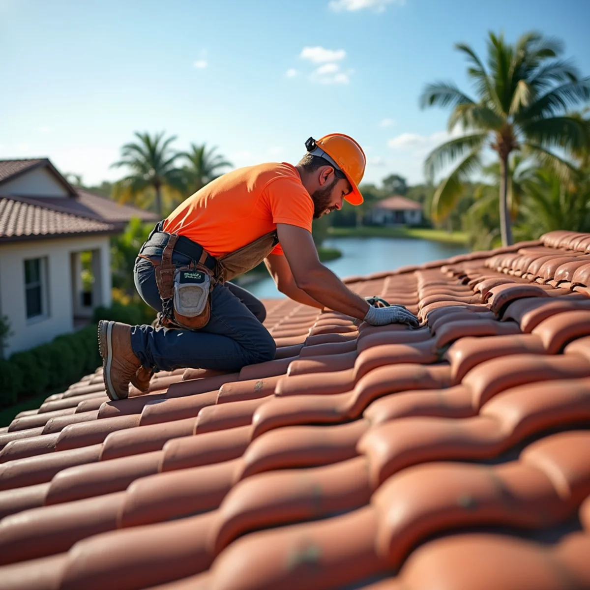 Inspecting concrete tile roof underlayment and cracked barrel tiles in Bayside Lakes Palm Bay