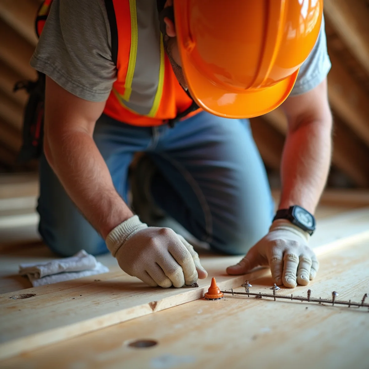Home inspector verifying roof-to-wall hurricane ties and decking nail depth inside attic