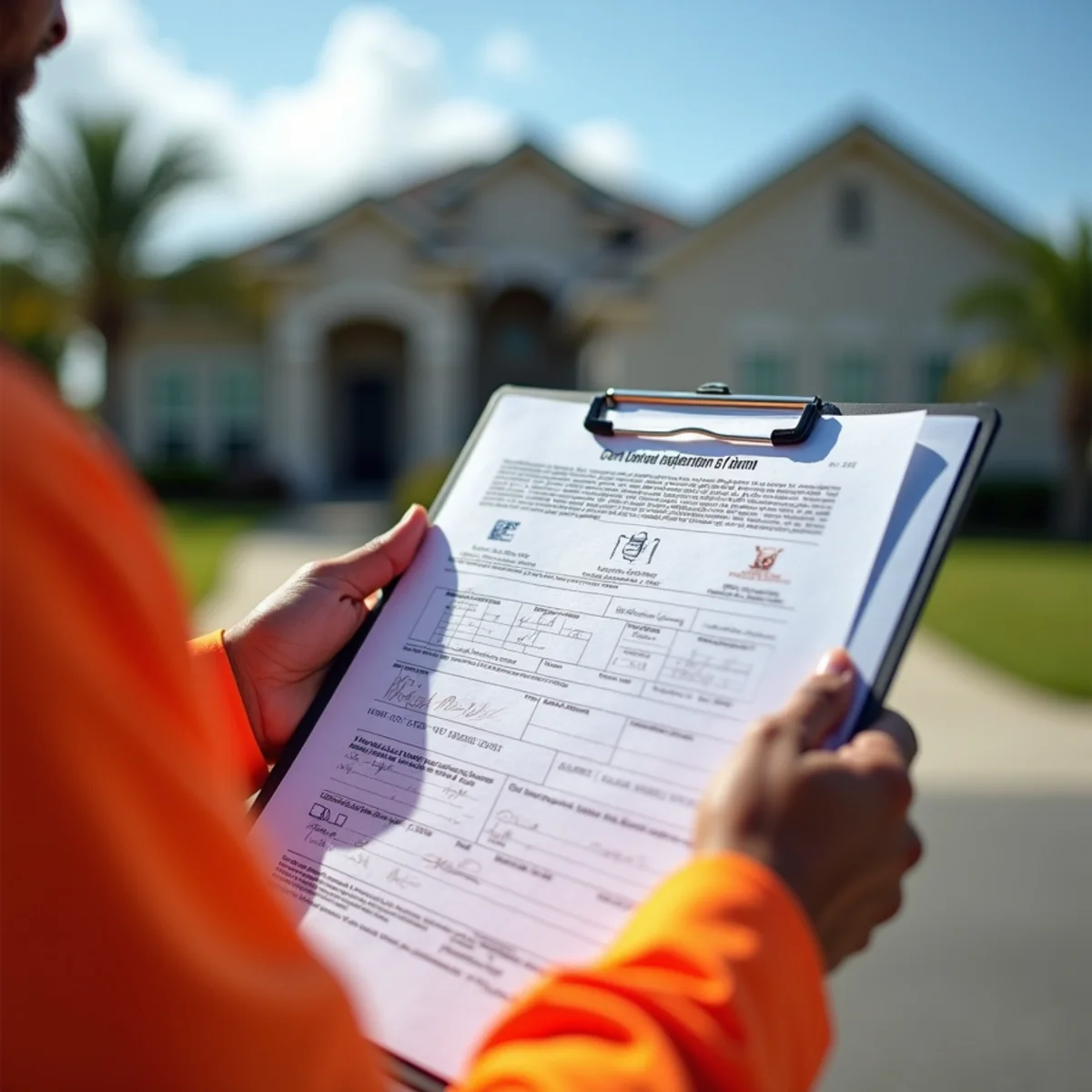 Official Florida Form OIR-B1-1802 Wind Mitigation Inspection Report on inspector clipboard
