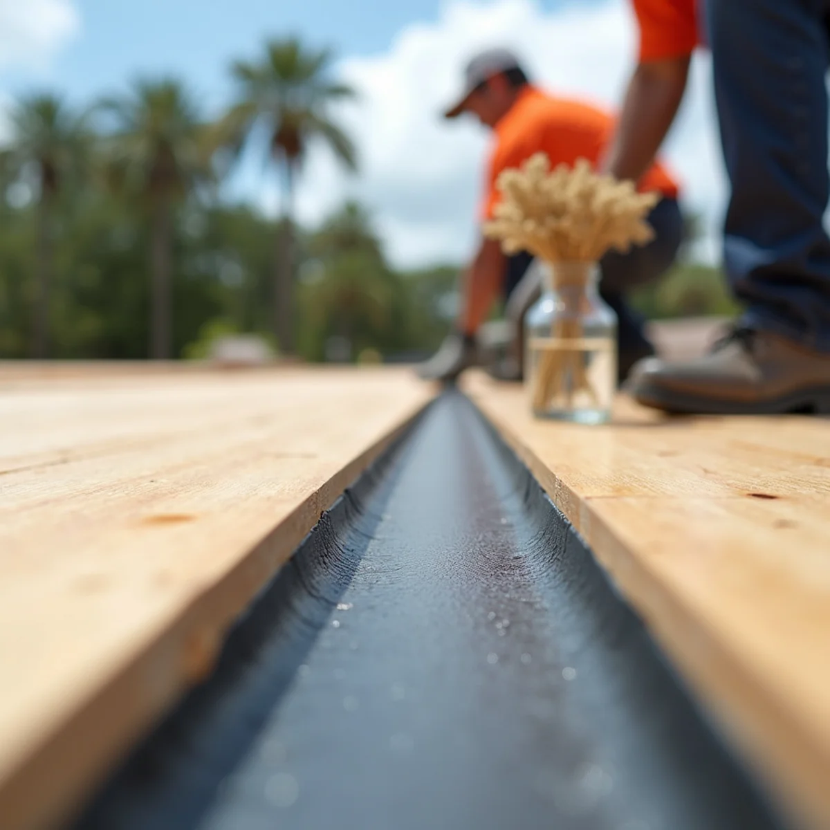 Self-adhering modified bitumen tape sealing roof deck sheathing joints against wind-driven rain