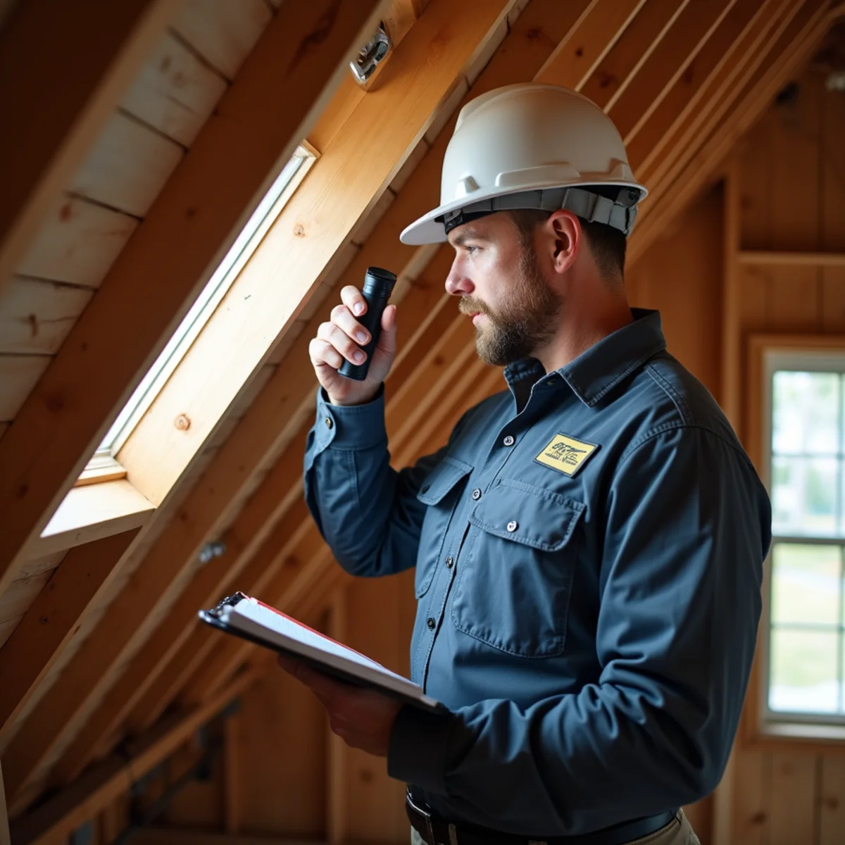 Inspector verifying roof to wall hurricane clips and secondary water barrier in Florida